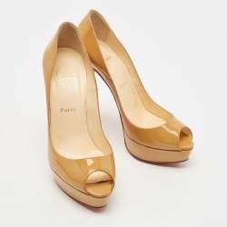 Pre Owned Christian Louboutin Beige Patent Leather Lady Peep Platform Pumps Size 39.5