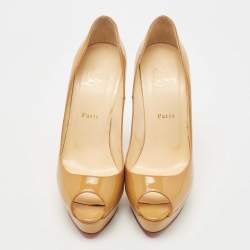 Pre Owned Christian Louboutin Beige Patent Leather Lady Peep Platform Pumps Size 39.5