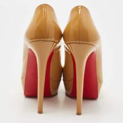 Pre Owned Christian Louboutin Beige Patent Leather Lady Peep Platform Pumps Size 39.5