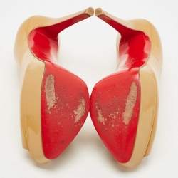 Pre Owned Christian Louboutin Beige Patent Leather Lady Peep Platform Pumps Size 39.5