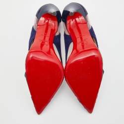 Pre Owned Christian Louboutin Blue Suede ,Patent and Python Leather Galata Pointed Toe Cutout Pumps Size 36