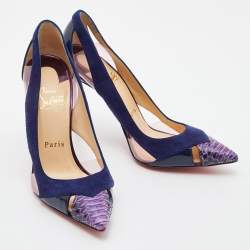 Pre Owned Christian Louboutin Blue Suede ,Patent and Python Leather Galata Pointed Toe Cutout Pumps Size 36