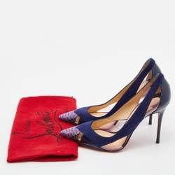Pre Owned Christian Louboutin Blue Suede ,Patent and Python Leather Galata Pointed Toe Cutout Pumps Size 36