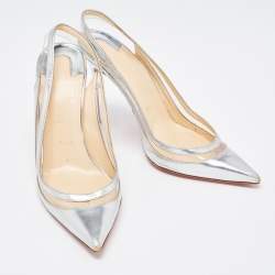 Christian Louboutin Silver Leather and PVC  Paulina  Slingback  Pumps Size 37.5