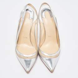 Christian Louboutin Silver Leather and PVC  Paulina  Slingback  Pumps Size 37.5