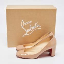 Pre Owned Christian Louboutin Beige Patent Leather Block Heel Pumps Size 38.5