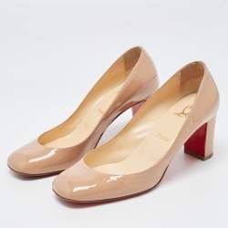 Pre Owned Christian Louboutin Beige Patent Leather Block Heel Pumps Size 38.5