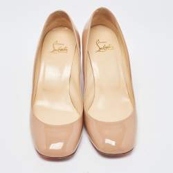 Pre Owned Christian Louboutin Beige Patent Leather Block Heel Pumps Size 38.5