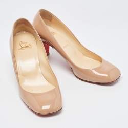 Pre Owned Christian Louboutin Beige Patent Leather Block Heel Pumps Size 38.5