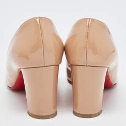 Pre Owned Christian Louboutin Beige Patent Leather Block Heel Pumps Size 38.5