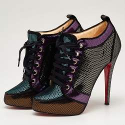 Pre Owned Christian Louboutin Metallic Laminated Suede Venus Orlato Lace Up Booties Size 39.5