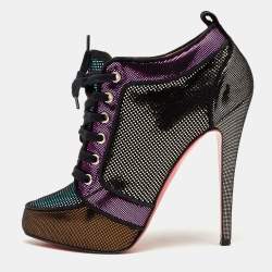 Pre Owned Christian Louboutin Metallic Laminated Suede Venus Orlato Lace Up Booties Size 39.5