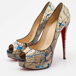 Christian Louboutin Two Tone Python Graffiti Print Lady Peep Pumps Size 40