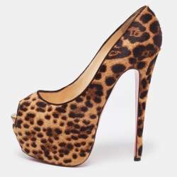 Pre Owned Christian Louboutin Brown/Beige Leopard Print Calf Hair Highness Pumps Size 39