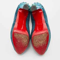 Pre Owned Christian Louboutin Blue Suede Babel Clou Hologram Heel Platform Pumps Size 38.5