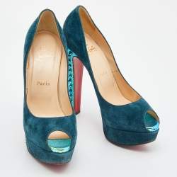 Pre Owned Christian Louboutin Blue Suede Babel Clou Hologram Heel Platform Pumps Size 38.5