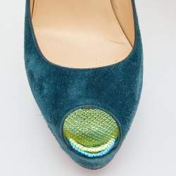 Pre Owned Christian Louboutin Blue Suede Babel Clou Hologram Heel Platform Pumps Size 38.5