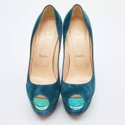 Pre Owned Christian Louboutin Blue Suede Babel Clou Hologram Heel Platform Pumps Size 38.5