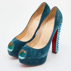 Pre Owned Christian Louboutin Blue Suede Babel Clou Hologram Heel Platform Pumps Size 38.5