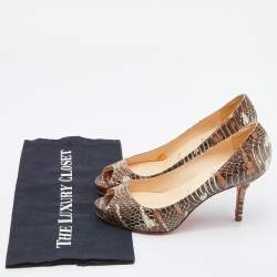 Pre Owned Christian Louboutin Brown Watersnake Leather Very Prive Peep Toe Pumps Size 37