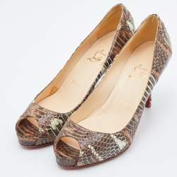 Pre Owned Christian Louboutin Brown Watersnake Leather Very Prive Peep Toe Pumps Size 37