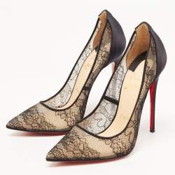 مملوكة مسبقًا Christian Louboutin Black Satin and Lace Follies Pumps Size 37