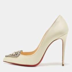 Pre Owned Christian Louboutin Cream Satin Cristacora Pumps Size 38