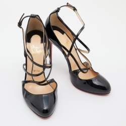 Pre Owned Christian Louboutin Black Patent Leather Soustelissimo Strappy Pumps Size 39