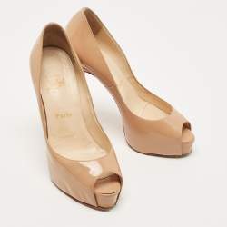 Christian Louboutin Beige Patent Leather Very Prive Peep Toe Platform Pumps Size 37