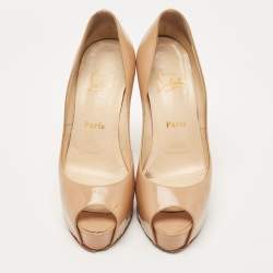 Christian Louboutin Beige Patent Leather Very Prive Peep Toe Platform Pumps Size 37