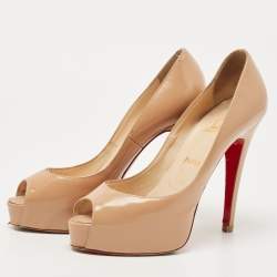 Christian Louboutin Beige Patent Leather Very Prive Peep Toe Platform Pumps Size 37