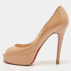 Christian Louboutin Beige Patent Leather Very Prive Peep Toe Platform Pumps Size 37