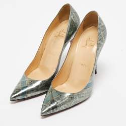 Pre Owned Christian Louboutin Metallic Grey Paris Map Print Leather Kate Pumps Size 37.5