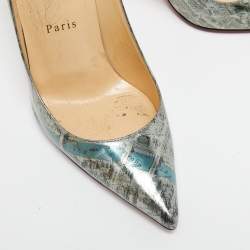 Pre Owned Christian Louboutin Metallic Grey Paris Map Print Leather Kate Pumps Size 37.5