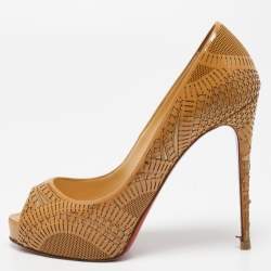 Pre Owned Christian Louboutin Beige Laser Cut Patent Leather Suellena Pumps Size 37