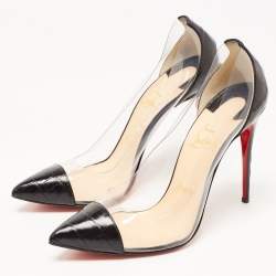 Pre Owned Christian Louboutin Black Croc Embossed Leather and PVC Debout Pumps Size 38.5