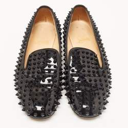 Pre Owned Christian Louboutin Black Patent Leather Dandelion Spikes Smoking Slippers Size 38