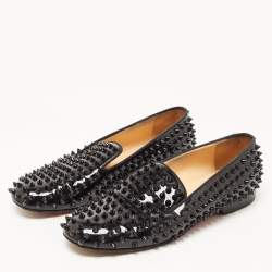 Pre Owned Christian Louboutin Black Patent Leather Dandelion Spikes Smoking Slippers Size 38