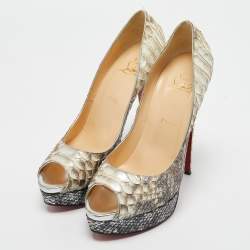 مملوكة مسبقًا Christian Louboutin Cream/Brown Python Leather Lady Peep Pumps Size 40