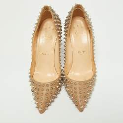 Pre Owned Christian Louboutin Beige Leather Pigalle Spikes Pumps Size 39.5