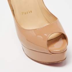 Pre Owned Christian Louboutin Beige Patent Leather Lady Peep Toe Platform Pumps Size 37