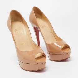 Pre Owned Christian Louboutin Beige Patent Leather Lady Peep Toe Platform Pumps Size 37