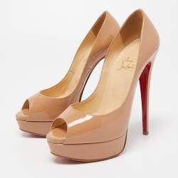 Pre Owned Christian Louboutin Beige Patent Leather Lady Peep Toe Platform Pumps Size 37