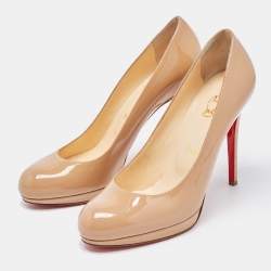 Pre Owned Christian Louboutin Beige Patent Leather Simple Round Toe Pumps Size 38.5