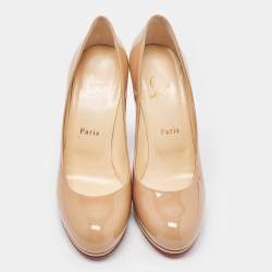 Pre Owned Christian Louboutin Beige Patent Leather Simple Round Toe Pumps Size 38.5