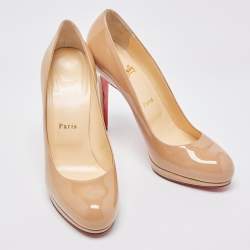 Pre Owned Christian Louboutin Beige Patent Leather Simple Round Toe Pumps Size 38.5