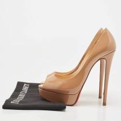 Pre Owned Christian Louboutin Beige Patent Leather Lady Peep Pumps Size 38