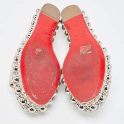 Pre Owned Christian Louboutin Silver Textured Suede Studded Platform Wedge Sandals Size 38
