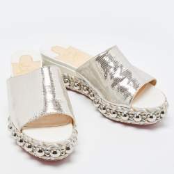 Pre Owned Christian Louboutin Silver Textured Suede Studded Platform Wedge Sandals Size 38