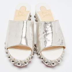 Pre Owned Christian Louboutin Silver Textured Suede Studded Platform Wedge Sandals Size 38